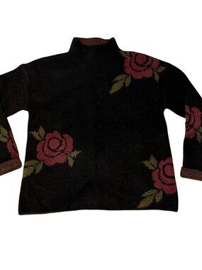 MB Women’s Medium Fuzzy Black Sweater Red Rose Floral Mockneck Pullover 20x23